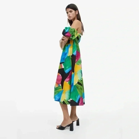 H&M Floral Puff Sleeve Maxi Dress Off-Shoulder Green Linen Blend Cottagecore M - Picture 3 of 11